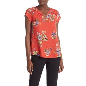 Pleione women's Shirred Cap Sleeve Blouse Top In Bright Coral Floral Size XS